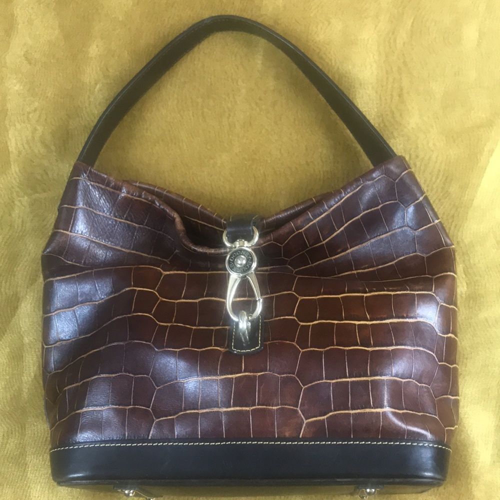Dooney & Bourke Florentine Brown Croc And Embossed Leather Logo Lock Bag